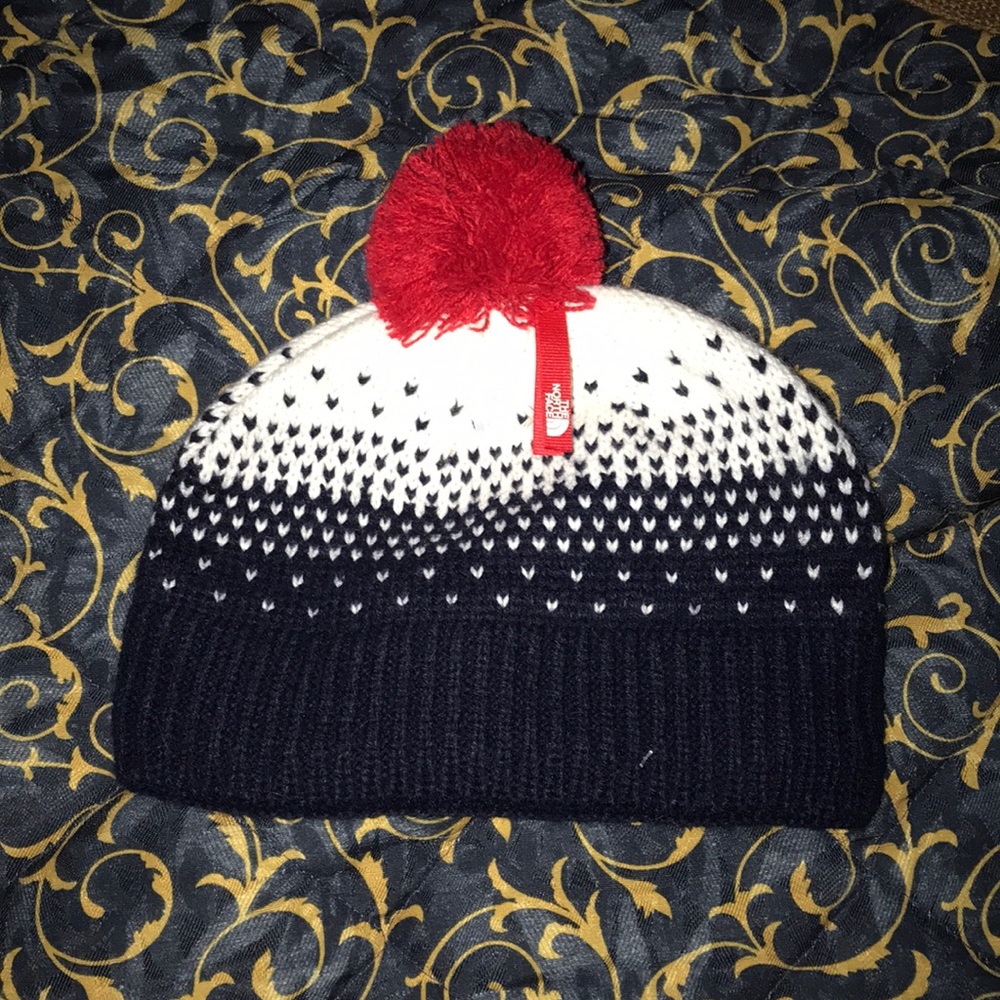 NWOT The North Face Red Pom Pom Beanie – Navy & White Knit Hat (Medium) - Picture 2 of 2
